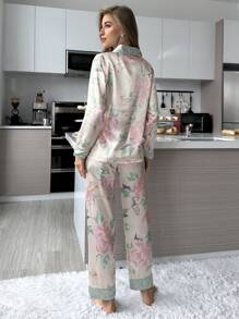 Bộ đồ mặc nhà bằng vải satin in hoa thanh lịch dành cho nữ, gồm áo tay dài cài cúc cổ ve áo và quần dài, kiểu dáng thoải mái, dễ chịu cho mùa thu, nhanh khô. - trắng - Xem 3