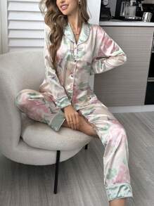 Bộ đồ mặc nhà bằng vải satin in hoa thanh lịch dành cho nữ, gồm áo tay dài cài cúc cổ ve áo và quần dài, kiểu dáng thoải mái, dễ chịu cho mùa thu, nhanh khô. - trắng - Xem 2