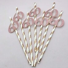 10pcs Paper Straws With 18, 21, 30, 40, 50, 60, 70, 80 Number Design In Gold & Rose Gold Color, Cake Decor For Birthday Party