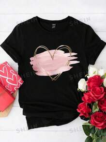 Women's T-Shirt With Heart-Shaped Print - màu đen - Xem 1