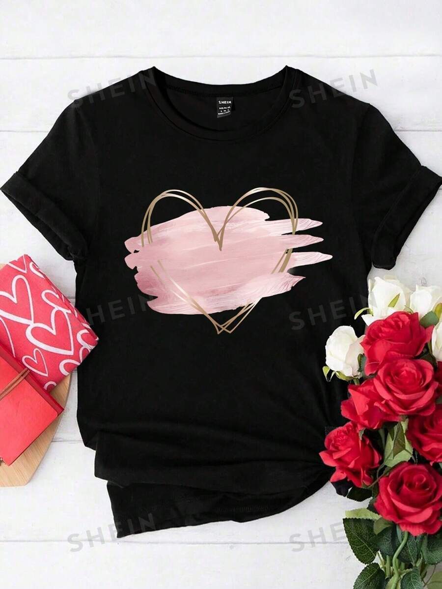 Women's T-Shirt With Heart-Shaped Print - màu đen - Xem 1