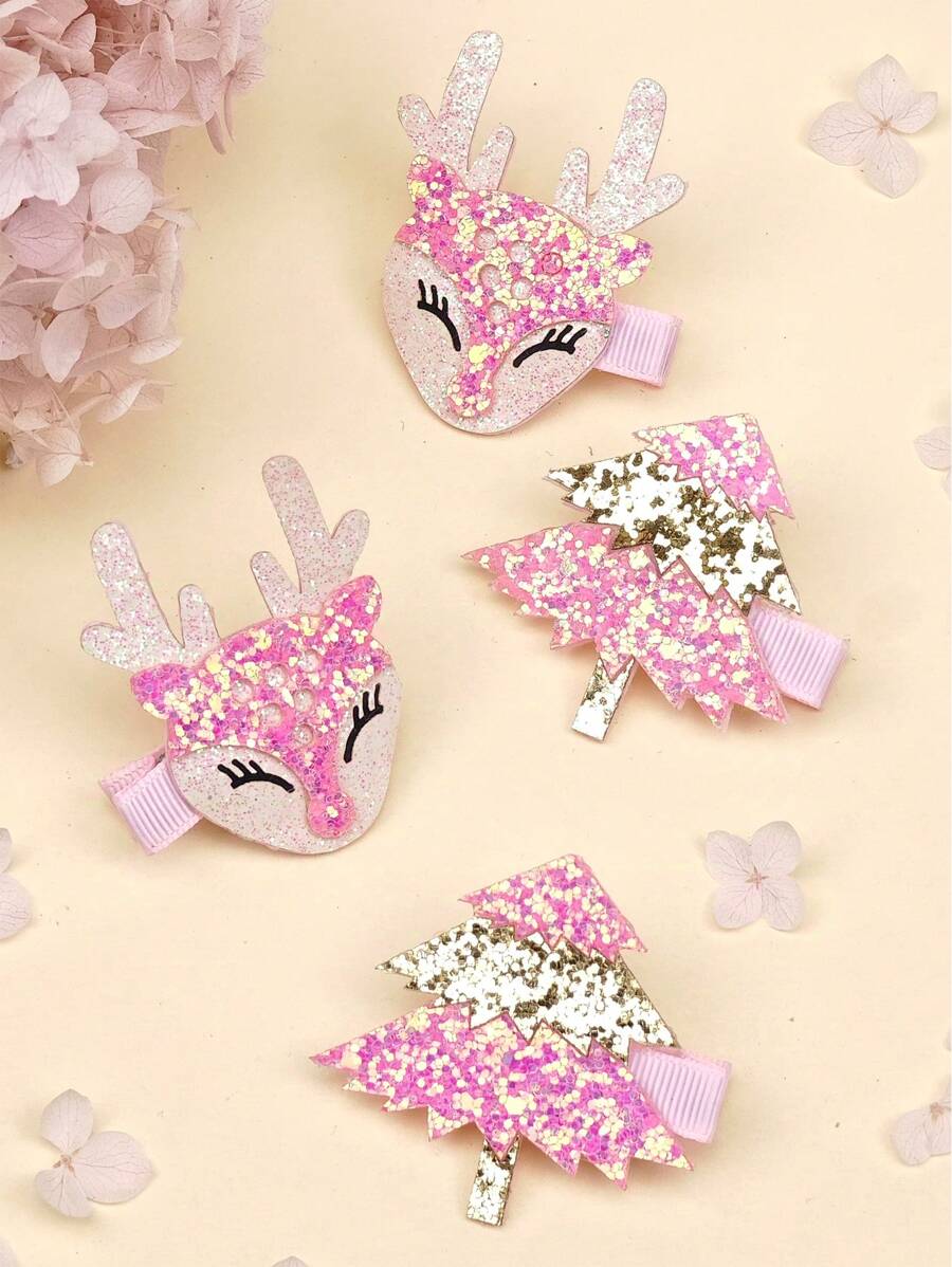 4pcs Glitter Christmas Hair Clips For Girls, Suitable For Everyday Wear, Christmas Parties And Gifts