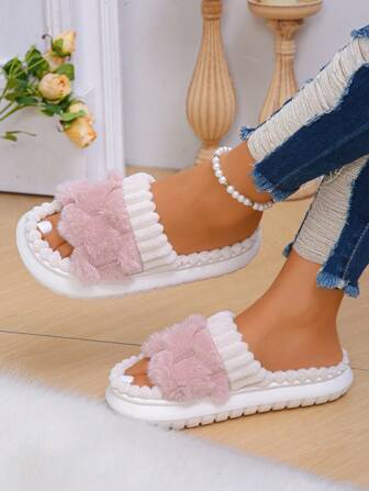 Pantuflas suaves y esponjosas de mujer con puntera abierta, suela gruesa y cálida, pantuflas cómodas para interiores con suela de goma antideslizante, adecuadas para otoño/invierno