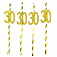 10pcs Paper Straws With 18, 21, 30, 40, 50, 60, 70, 80 Number Design In Gold & Rose Gold Color, Cake Decor For Birthday Party