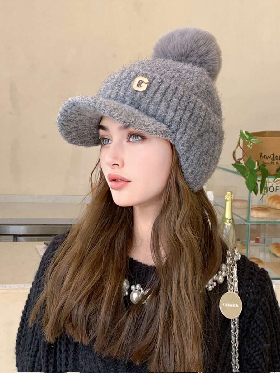 1pc Women Solid Color Knitted Hat, Casual Elegant, G Letter Simple Versatile Fleece Earflap Baseball Cap For Winter Warmth, Suitable For Shopping, Outing, Skiing And Daily Use - Multicolor - View 1