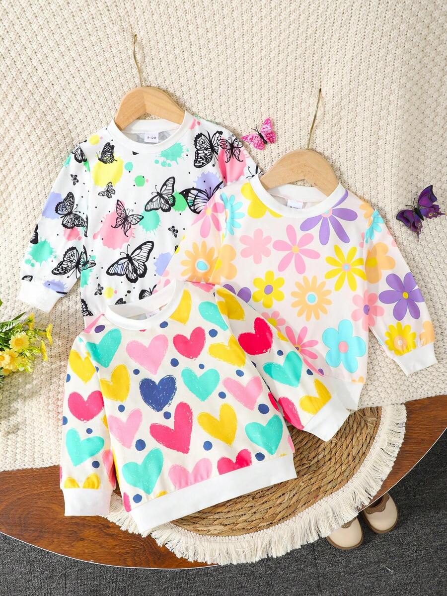 3 件套花卉印花长袖圆领运动衫女童休闲 T 恤上衣适合女婴春秋季