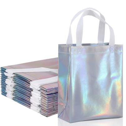 10pcs/Pack Rainbow Holographic Gift Bags With Handles, Reusable Medium Sized Party And Birthday Gift Tote Bags, 8"X4"X10" Back To School Valentine Day