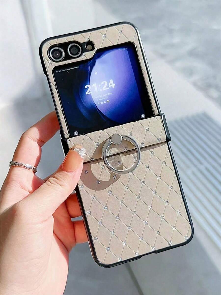 INS奢华闪粉点钻钻石形圆环支架皮革手机壳适用于三星Galaxy Z Flip6 Z Flip5 5G Z Flip4 ZFlip3保护套