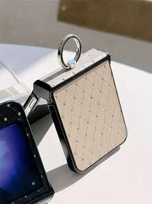 INS奢华闪粉点钻钻石形圆环支架皮革手机壳适用于三星Galaxy Z Flip6 Z Flip5 5G Z Flip4 ZFlip3保护套 - 卡其色 - 查看 3