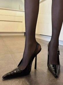 Zapatos de tacón alto de punta negra, tacones de aguja, sandalias de tiras con punta metálica patentado