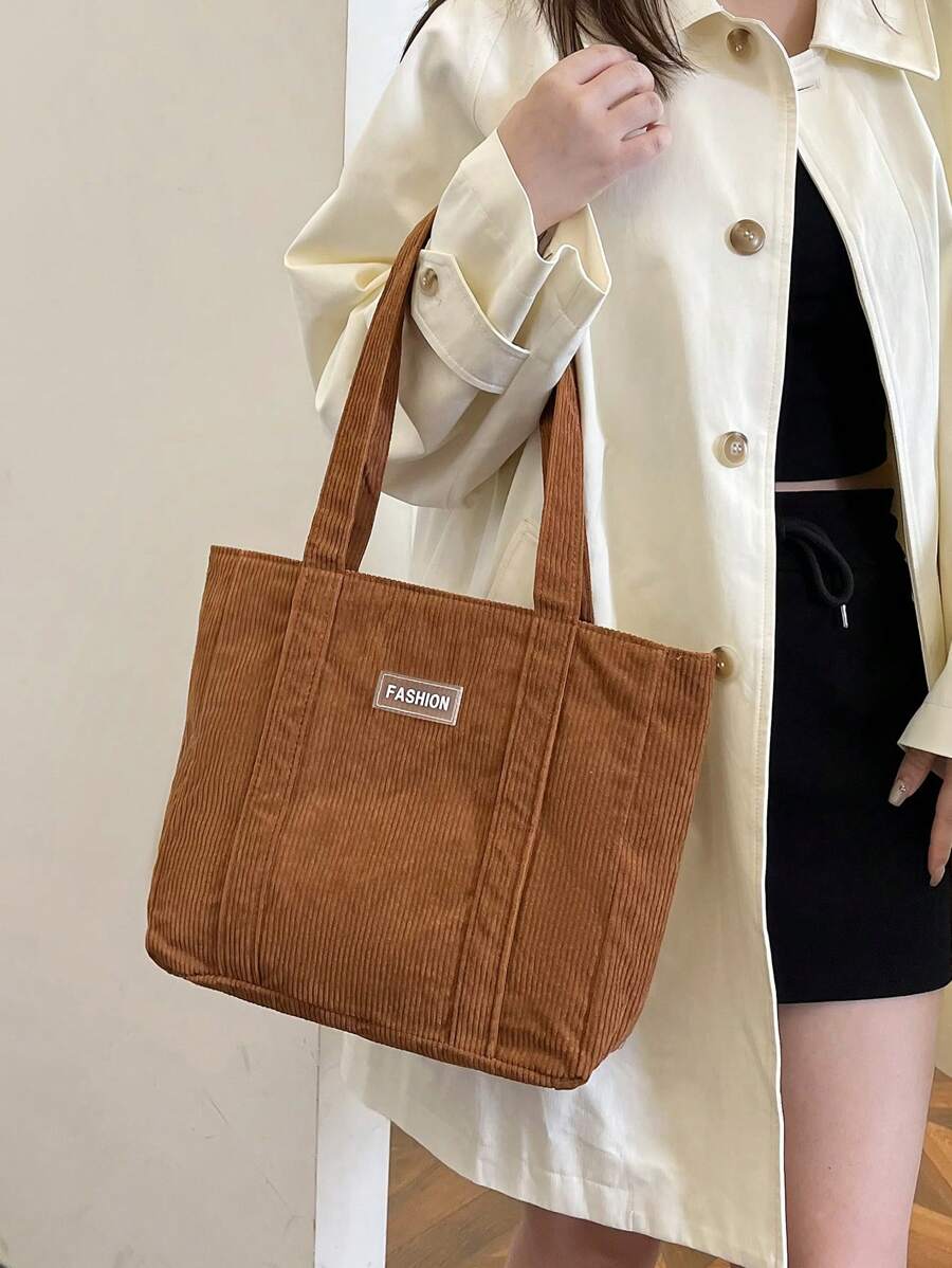 小众设计条纹天鹅绒大包2025新款单肩腋下包奢华休闲女包复古托特包 - 棕色 - 查看 1