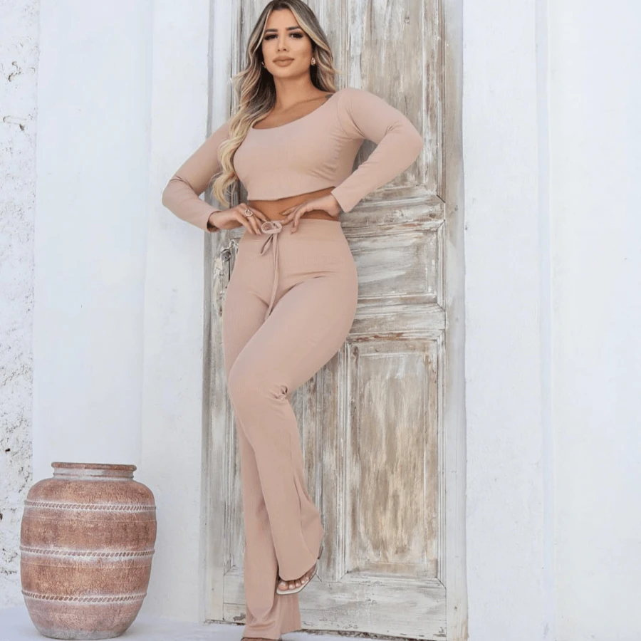 Casual Comfortable Long Sleeve Cropped Pants Set - 米色 - 查看 1