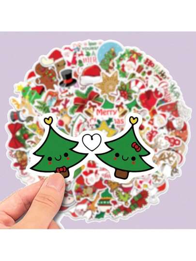 Christmas Decoration 50pcs Christmas Tree Snowflake Winter Doodle Stickers For Personalized Decoration Of Guitar, Notebook, Luggage, Computer, Motorcycle And Skateboard,Random Shape