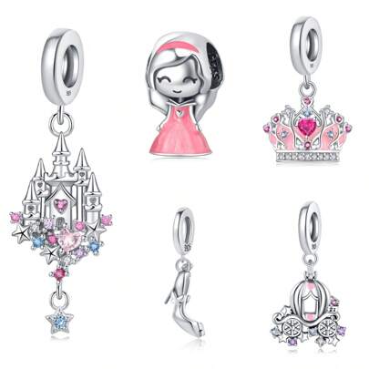 PANPOKI 1 pezzo Gioiello in argento sterling S925 fascino fiabesco serie principessa in fuga, principessa e castello e corona e scarpe di cristallo e carrozza a zucca originale, bracciale e collana, creazione gioielli fai da te adatto come regalo di compleanno per ragazze e donne