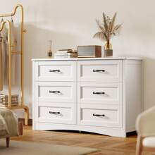 Lofka Dresser For Bedroom With 6 Drawers, Wood Wide Chest Of Drawers, Modern Wood Double Chest Of Drawers With Metal Handles And Anti-Tripping Device For Home, Living Room, Hallway, Cloakroom, Home Decor, Valentine's Day Ideas - trắng - Xem 4