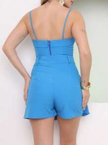 Cropped Top Set With Padding And Straps And Short Skirt In Dominique Fabric - Màu xanh lam - Xem 4