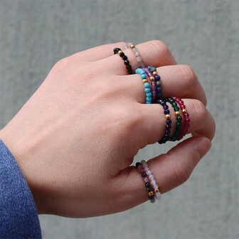 1pc Women's 3mm Natural Stone Faceted Beaded Adjustable Ring, Stainless Steel Bead Jewelry Gift, Suitable For Daily Wear, Festivals, Weddings, Parties