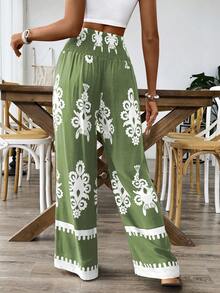 Pantalones casuales de mujer con estampado floral y cordón en la cintura, patrón aleatorio - Multicolor - Ver 3