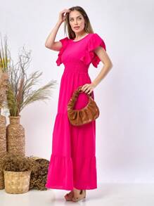 Women's Long Dress In Duna Fabric With Ruffle Sleeves - Màu Hồng Tươi - Xem 3
