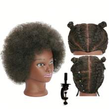 Kinky Curly 100% Real Human Hair Mannequin Head For Hairdresser Practice Afro Cosmetology Manikin Doll Head Styling Hair Extension Braiding Bleaching Dyeing Updos With Table Clamp Stand - màu đen - Xem 1