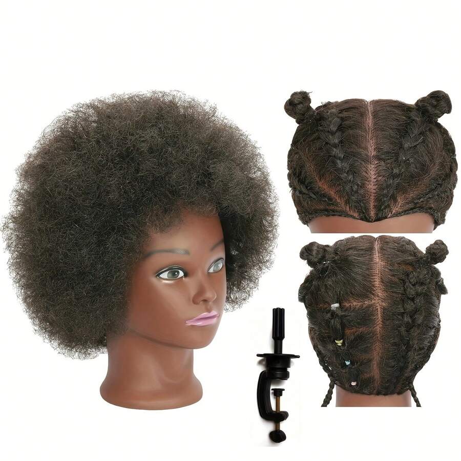 Kinky Curly 100% Real Human Hair Mannequin Head For Hairdresser Practice Afro Cosmetology Manikin Doll Head Styling Hair Extension Braiding Bleaching Dyeing Updos With Table Clamp Stand - màu đen - Xem 1