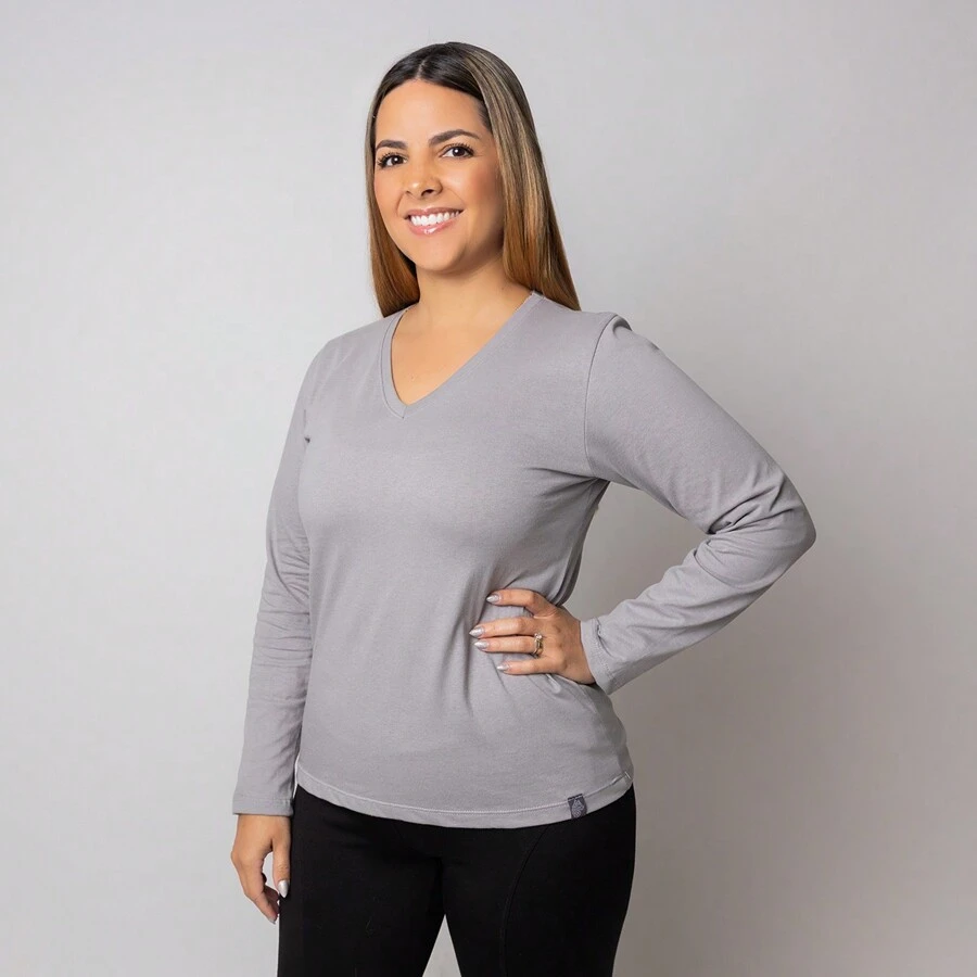 Women's Long Sleeve V-Neck T-Shirt - 灰色 - 查看 1