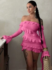 Đầm nữ trễ vai xếp ly thanh lịch lãng mạn, thích hợp cho buổi hẹn hò, tiệc tùng, ngày Valentine, ôm sát. - Màu Hồng Tươi - Xem 4