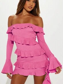 Đầm nữ trễ vai xếp ly thanh lịch lãng mạn, thích hợp cho buổi hẹn hò, tiệc tùng, ngày Valentine, ôm sát. - Màu Hồng Tươi - Xem 5