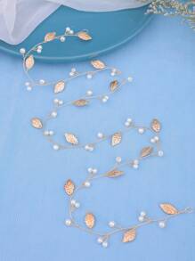 1 pièce Bandeau de mariage pour femme avec feuille en alliage, fausse perle et chaîne douce détaillée, diadème élégant