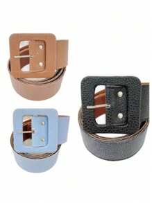 KIT 03 Women's Belts Colorful Leather Square Buckle HL111 - 黑色/棕色/淡藍色 - 查看 2
