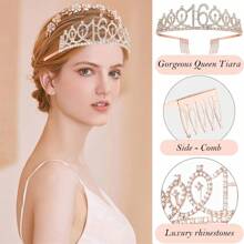 32Pcs Sweet 16 Birthday 13TH 10TH Birthday Decorations Including 16th Happy Birthday Cake Toppers, Birthday Queen Sash Sweet Rhinestone Tiara Crown Metallic Rose Gold White Confetti Latex Balloons