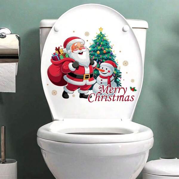 1 pieza Pegatina para tapa de inodoro con impresión de árbol de Navidad y muñeco de nieve, decoración de baño, Navidad