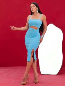 Women's Thin Strappy Ribbed Dress With Slit And Cutout - 淺藍色 - 查看 1