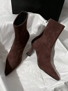 Brown Short Boots Women High Heels 2024 Autumn Winter New Arrival Versatile French Style Slim Heel Elastic Suede Pointed Toe Slim Fit Boots
