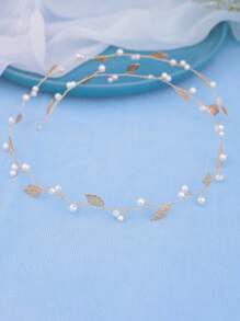 1 pièce Bandeau de mariage pour femme avec feuille en alliage, fausse perle et chaîne douce détaillée, diadème élégant