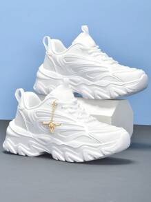 Zapatos deportivos de moda casual para mujer con colgante metálico con decoración de girasol, plataforma gruesa para uso al aire libre, tacón alto con amortiguación, zapatillas ligeras y transpirables de malla, puntera redonda con cordones, adecuados para uso diario, citas, trabajo, zapatos de plataforma blancos de - Blanco - Ver 2