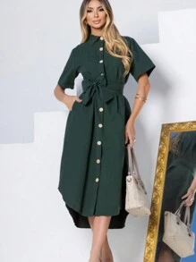 LINEN DRESS WITH BELT SUZI MODA - Green - View 2