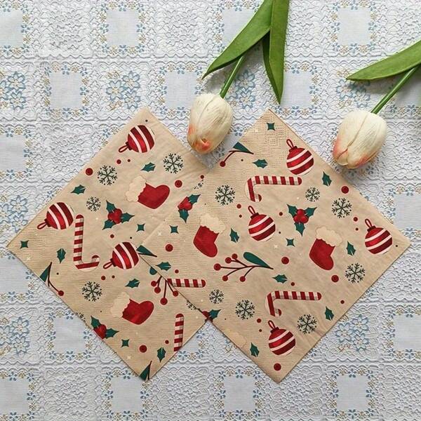 20pcs/Set Christmas Theme Candy Cane Paper Napkins, 2-Ply Disposable Dinner Napkins, Suitable For Holiday Parties, Christmas Decorations, Seasonal Tableware, Celebrations And General Festivities,Christmas