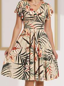 Vestido Estampado com Rodado Decote V Transpassado Moda Evangélica Romântico