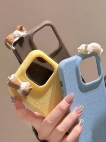 Apple Brown Korean Cute 3D Cat Simple PU Leather Phone Case Compatible With IPhone 16 15 13 14 12 11 Pro Max Soft Cover Shockproof Back Cover - Blue - View 2