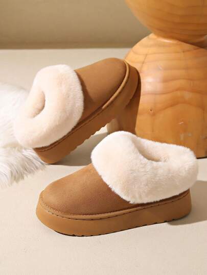 1 双女式毛领装饰面料 PVC 鞋底保暖雪地靴，休闲纯色厚底短筒一脚蹬靴，适合室内外穿着，秋冬季