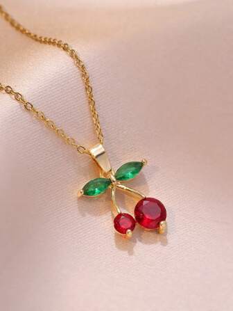 不锈钢链条经典闪亮锆石樱桃吊坠项链女士复古珠宝配饰礼品