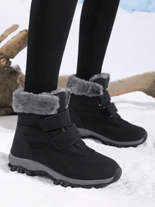 Giày bốt cao đến giữa bắp chân có đệm cỡ lớn dành cho nữ, giày bốt đi tuyết đế dày chống trượt chống thấm nước bằng da màu đen, mùa đông - màu đen - Xem 12