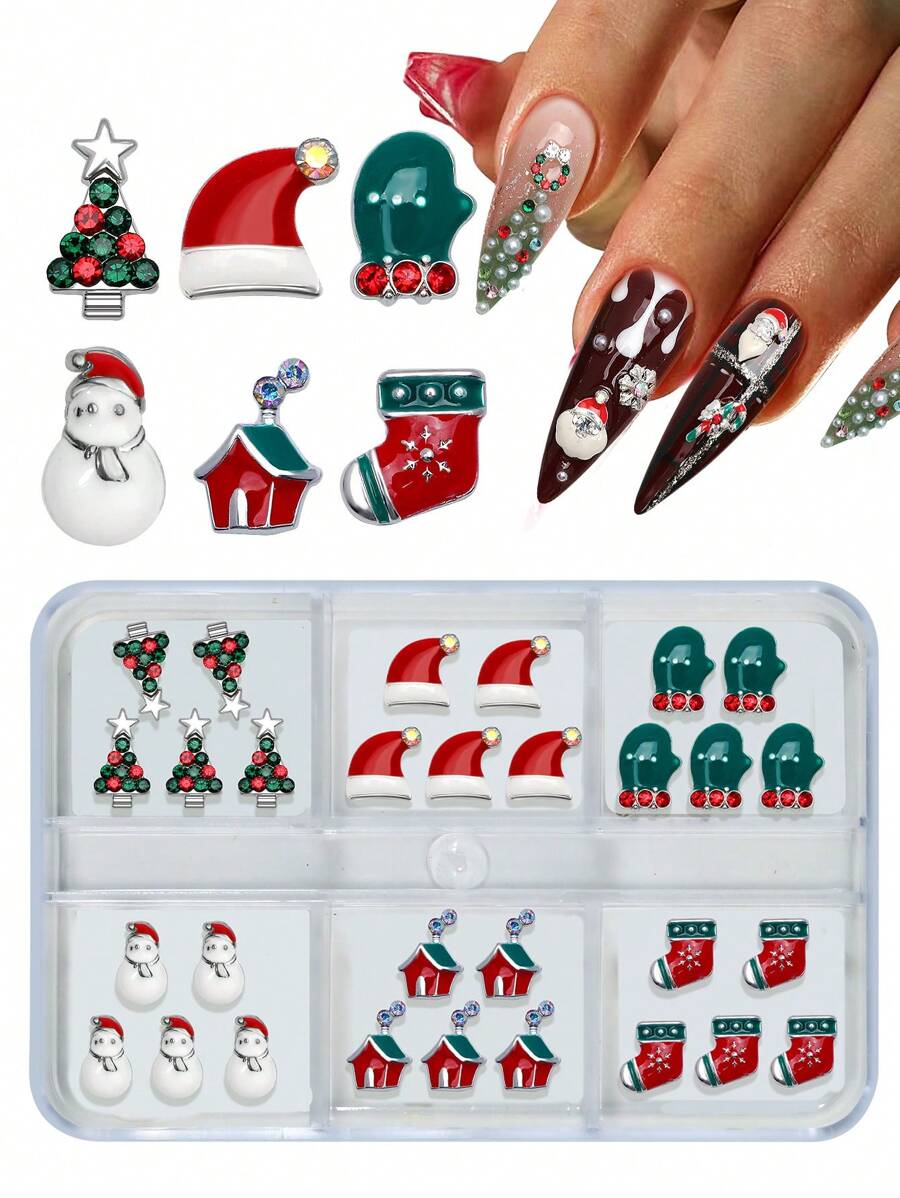 6个圣诞美甲饰品奢华雪人雪花小铃铛树指甲宝石装饰新年美甲配件DIY 3D - 彩色 - 查看 1