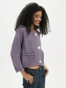 Áo len cardigan dệt kim dày đính nút kim loại tối giản thời trang nữ, phù hợp cho mùa xuân và mùa thu - Bụi tím - Xem 8