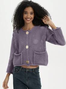 Áo len cardigan dệt kim dày đính nút kim loại tối giản thời trang nữ, phù hợp cho mùa xuân và mùa thu - Bụi tím - Xem 7