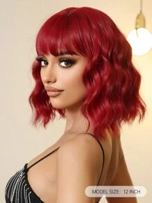 12-Inch Red Short Curly Bobbed Wig With Bangs, Synthetic Curly Bobbed Wig Suitable For Girls, Natural Appearance, Suitable For Daily Wear, Parties, Cosplay And Other Occasions (Please Note The Wearing And Maintenance Methods, The Actual Product Color May Differ Slightly From The Picture Due To Lighting And Angle During Shooting) - Red - View 3