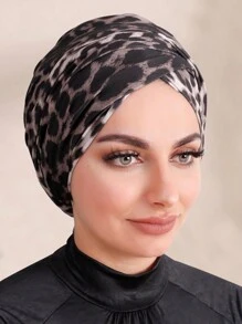 1 pièce Turban intérieur instantané, Chapeaux Hijabs, Accessoires Abaya Imprimé Léopard, Vêtements voilés de tous les jours sous la casquette