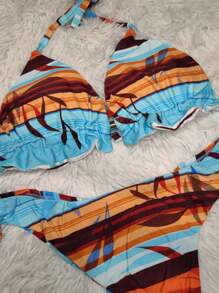 Printed Bikini Set With Removable Cups - 藍色 - 查看 3