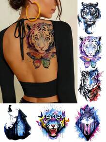 6 Sheets Temporary Tattoo For Women Man Guys Colorful Body Sticker Arm Shoulder Chest Back Makeup Waterproof Large Animal Fake Tattoo Temporary Tattoos Adult Tiger Wolf Butterfly Design - Multicolor - View 8